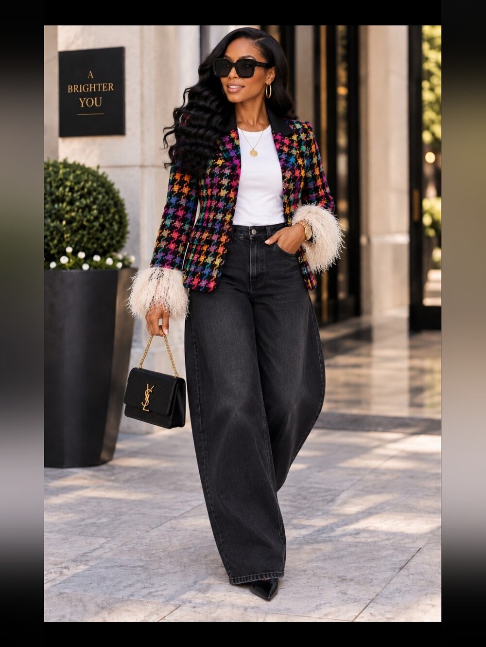 Lois Snyder Dani Max Multicolor Houndstooth Feather-Cuff Blazer - Women
